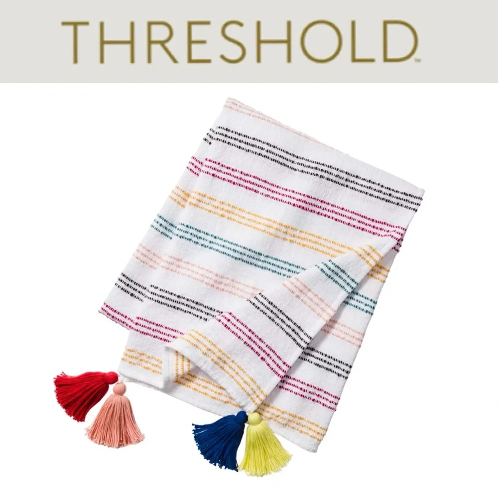THRESHOLD TEXTURED STRIPE BOHO LIGHTWEIGHT TASSELED THROW BLANKET